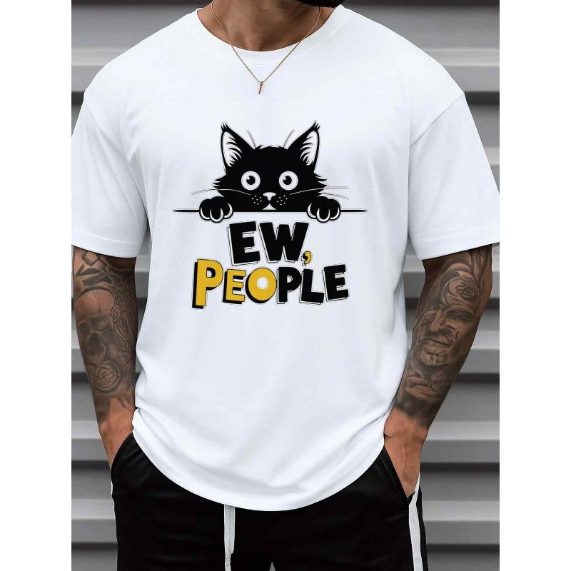 Men S Funny Cat  EW People  Graphic T-Shirt - White Casual Short Sleeve Round Neck Tee with Humorous EW Print & Cartoon Cat Design S белый