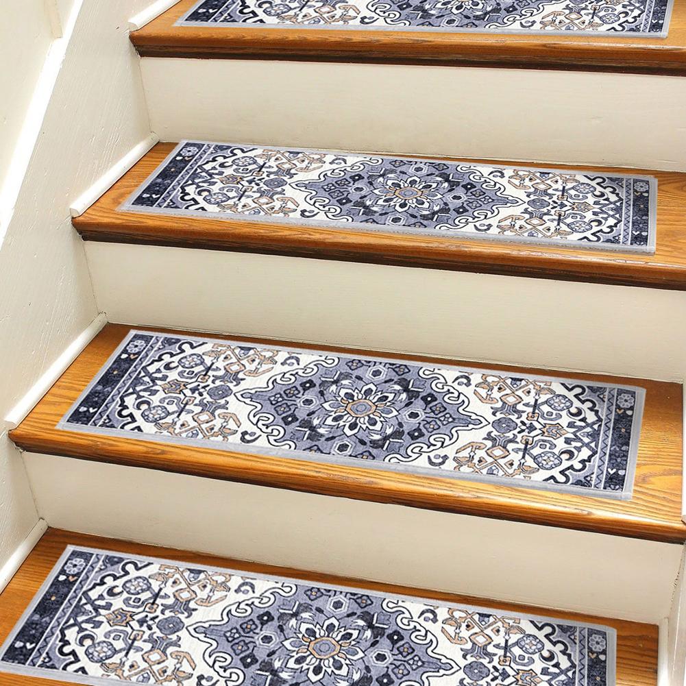 15PCS Carpet Stair Treads Set Self-adhesive Backing Non Slip Safety Mats Reusable Stairway Carpet Rugs Bohemian for Wooden Steps