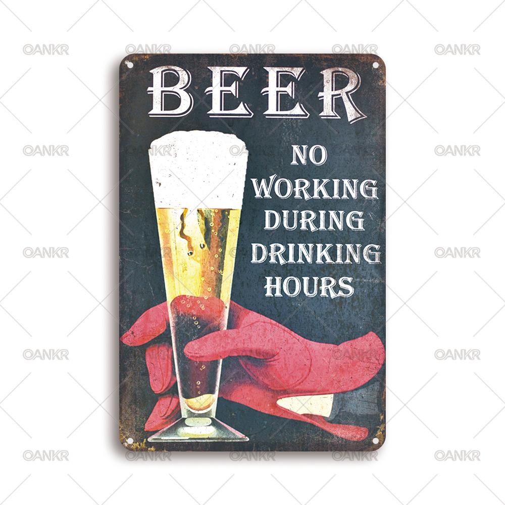 Vintage Art Beer Poster Metal Tin Sign Beer No Working During Drinking Hours Metal Signs for Pub Bar Home Wall Decor Plaque 20x30cm(7.8x11.8inch)