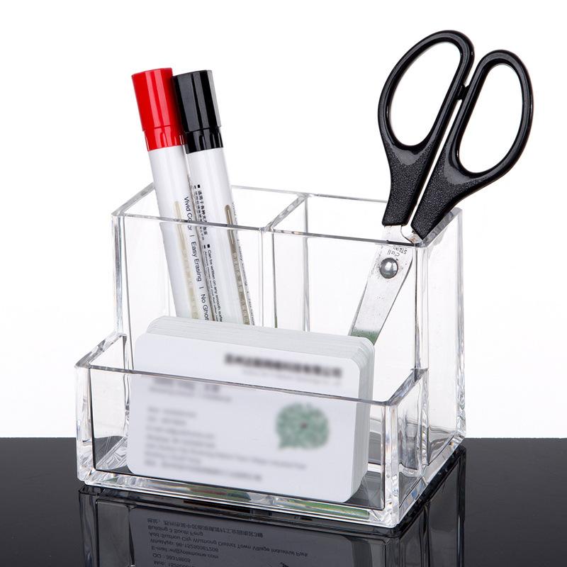 Clear Pen Holder Box Make Up Brush Bucket Cosmetic Organizer Student Desk Pen Container Storage Box 3 Grids Plastic