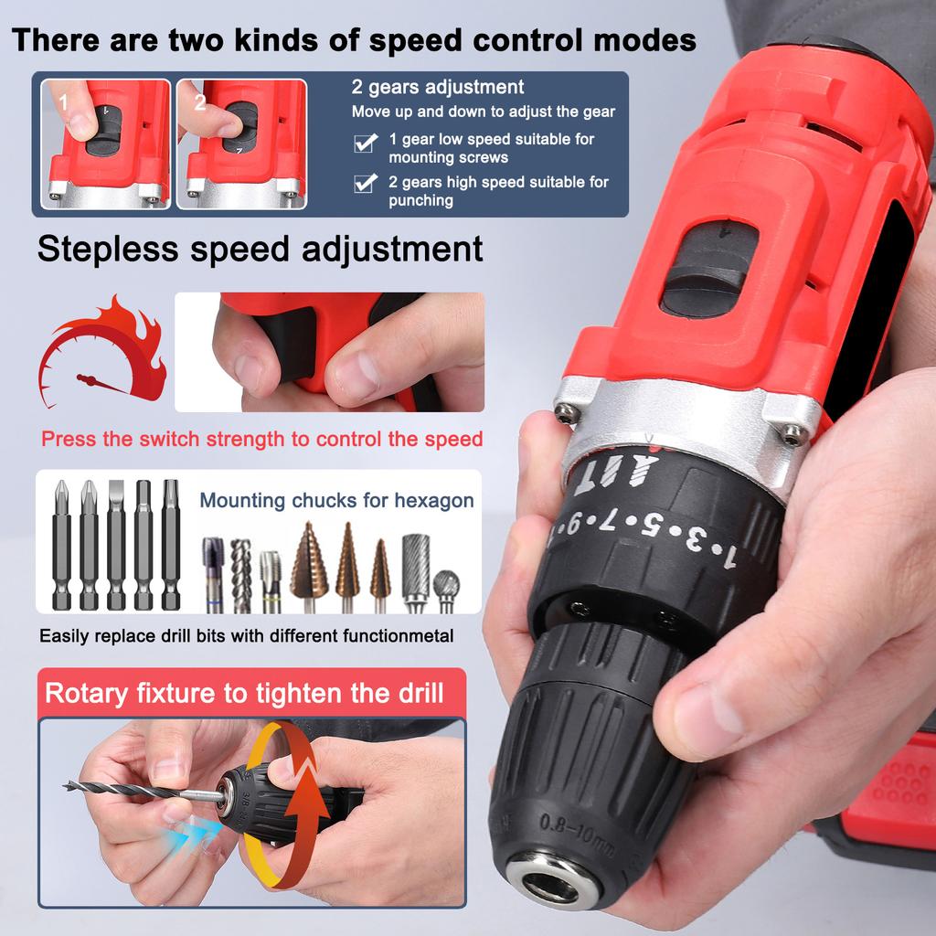 Household 3in1 Multifuctional Electric Drill Handheld Lithium Screwdriver 21V   Drill Brushed Motor 2 Speeds Control Stepless Speed Regulation Ro