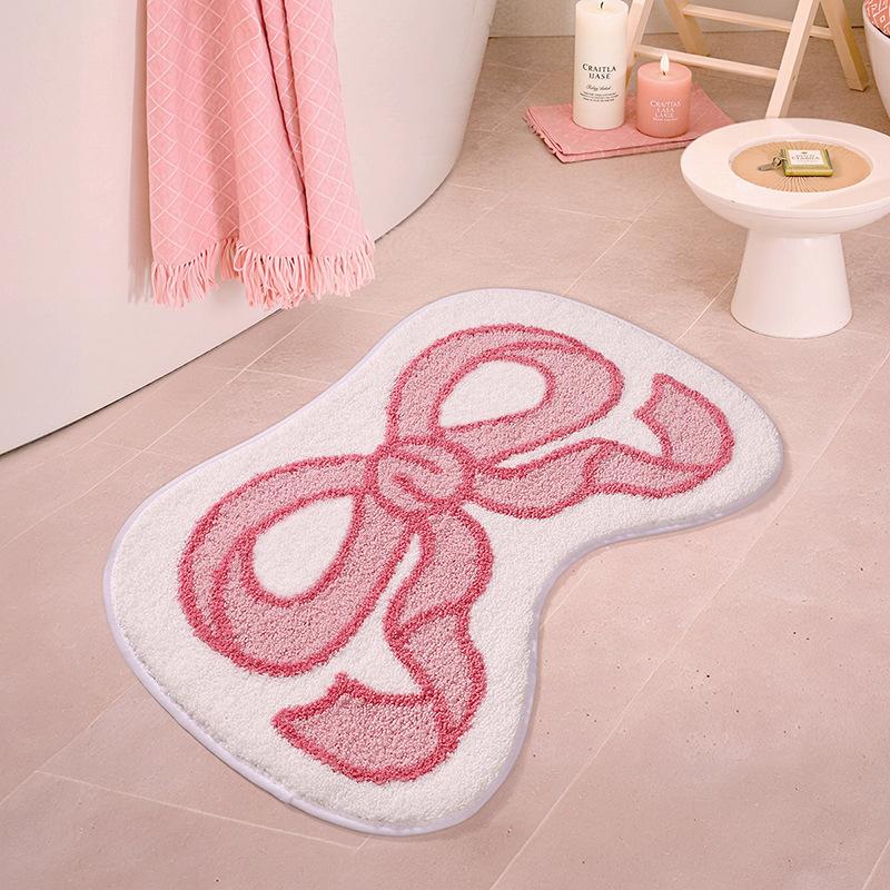 Pink Bow Bath Mat Thickened Flocked Microfiber Bathroom Rug Super Absorbent Anti-slip Foot Mats Soft and Comfortable