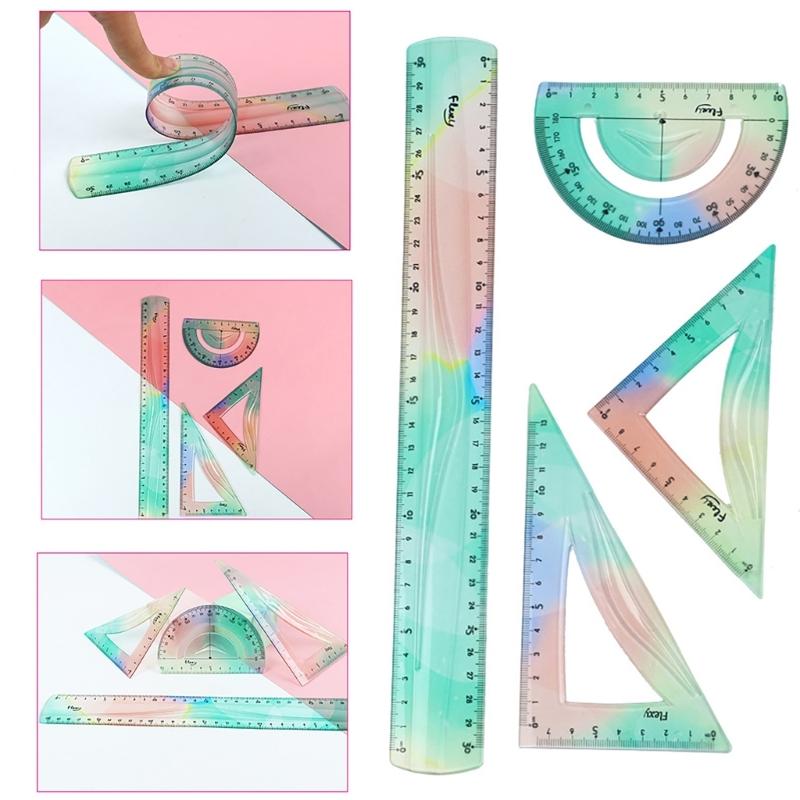 4Pcs Foldable Ruler with Triangles Ruler Protractor Straight Ruler, Plastic Ruler Set Flexible Ruler Soft Bendable Ruler