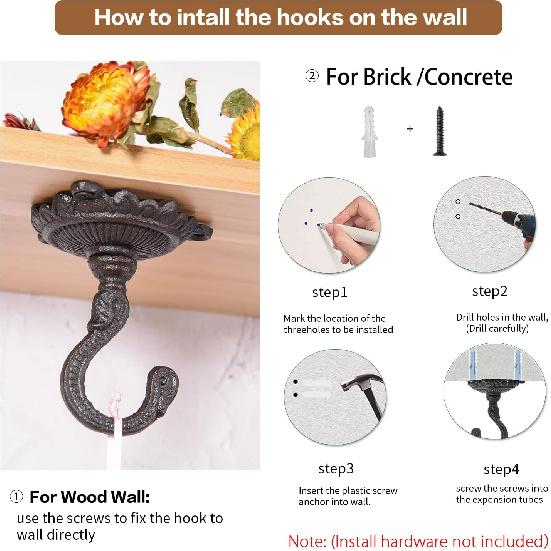 Sungmor Heavy Duty Ceiling Hooks for Hanging Plants, 2PC Black 3.5x3.9Inch Large Cast Iron Ceiling Hooks, Antique Decorative Ceiling Swag Hooks for