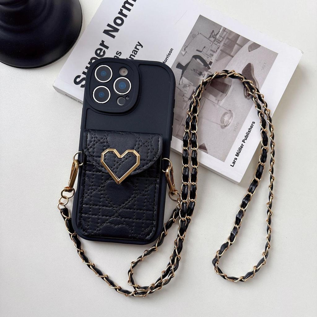 Niche love plaid card bag lanyard suitable for Apple 17promax mobile phone case 16 crossbody anti-lost 14 protective case