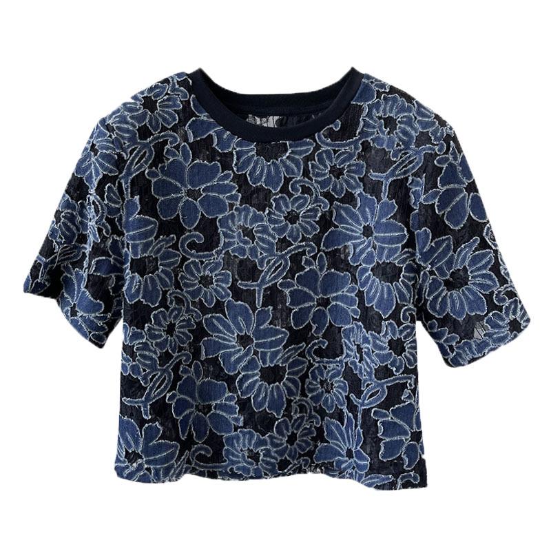 Orange Zhi Xia Summer Lace Cutout Jacquard T-shirt - High-end Round Neck Pullover Top