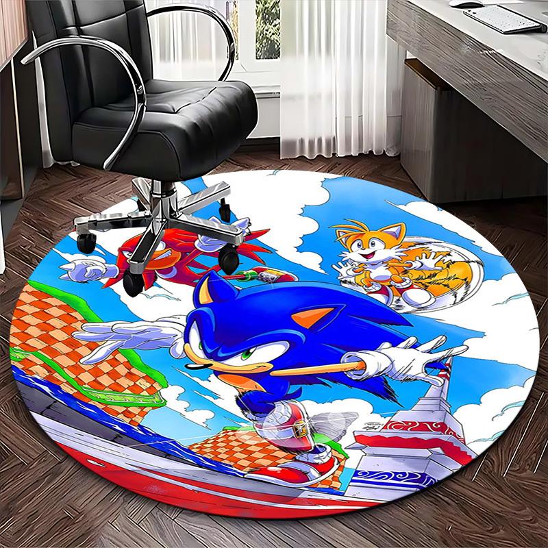 1pc Sonic the Hedgehog Anime Cartoon Design Round Carpet Office Chair Mat, NonSlip Rug for Home Decor, Living Room, Bedroom, Game Room