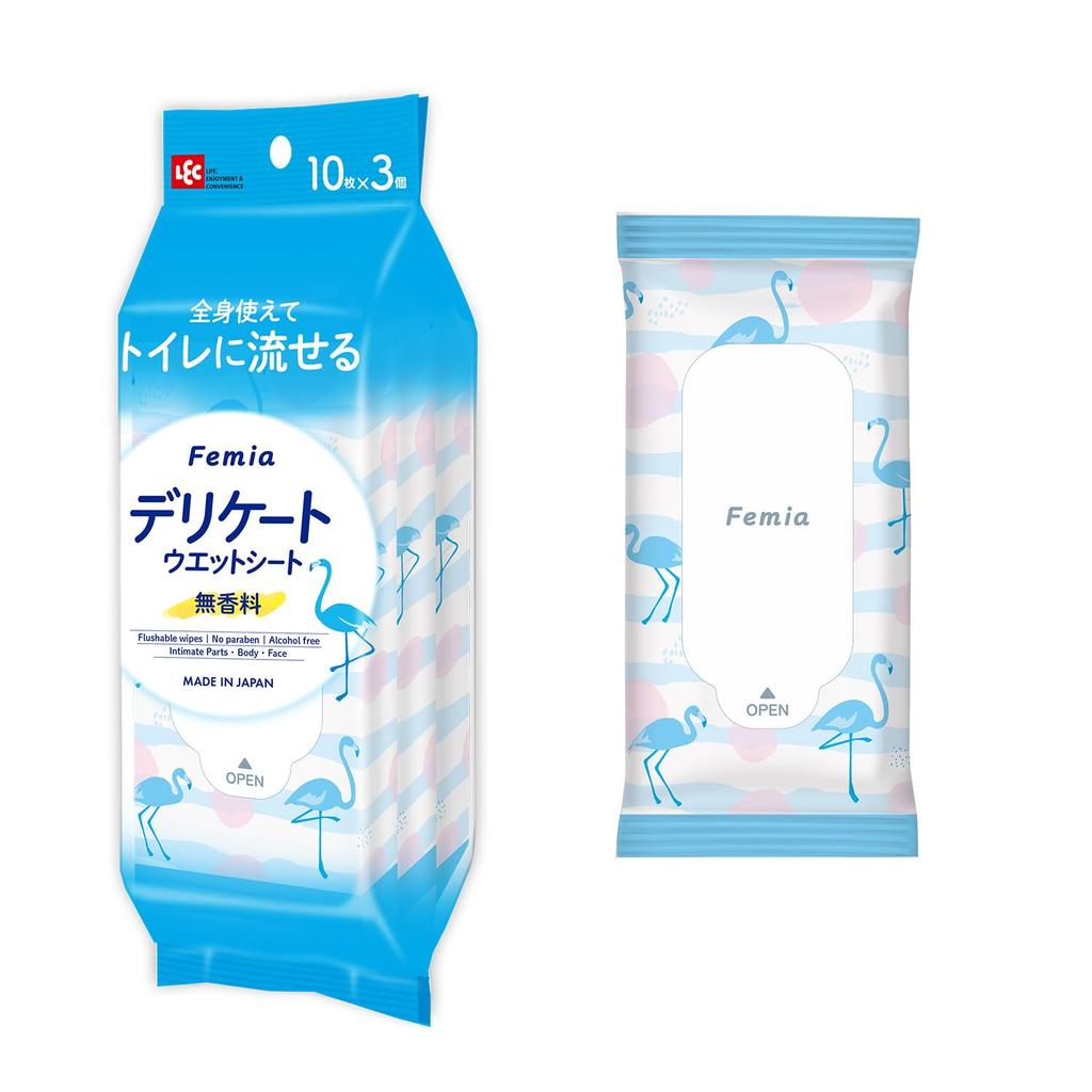 LEC Delicate Wet Mini Pack x 3 Made in Originally Made from Baby Wipes Women's Wipes, Femia, 10-Sheet (Unscented), Flushable, Japan,
