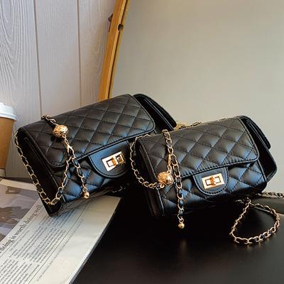 Fashion Trend Simple Solid Color Foreign Air Embroidery Thread Rhombus Lock Chain Crossbody Shoulder Small Square Bag