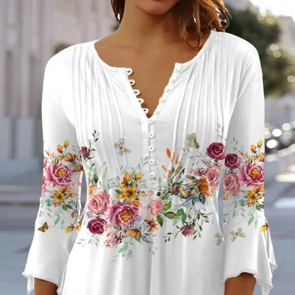 2023 Frühling V-Ausschnitt Bedrucktes Knopf Kurzarm Oberteil