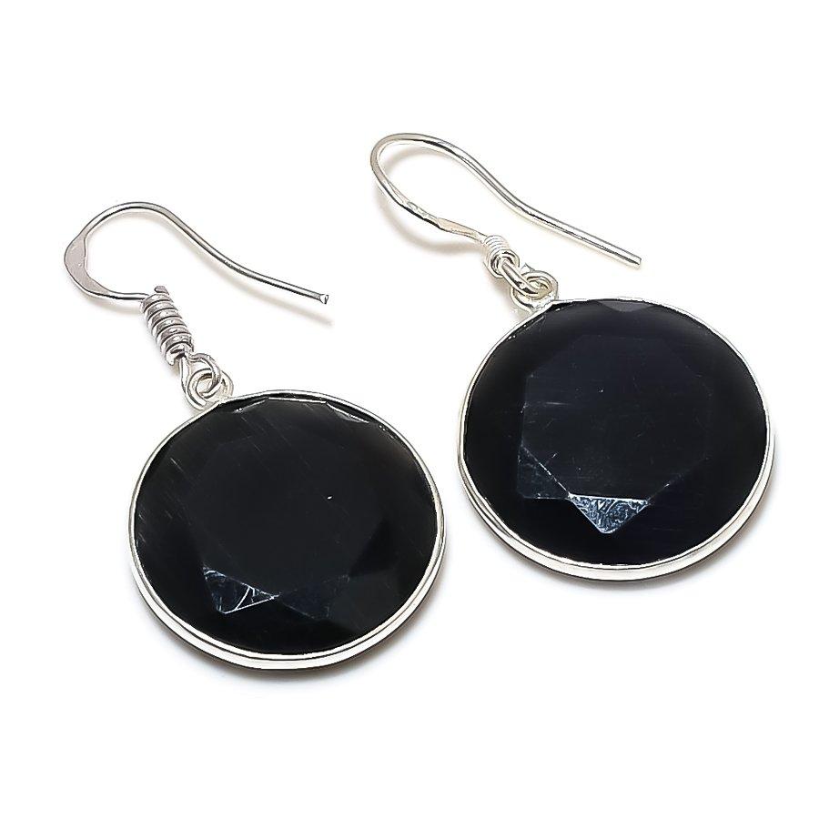 Black Spinel Gemstone Handmade 925 Sterling Silver Jewelry Earring 1.58" GK-6168