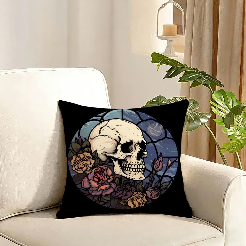 Cool Skull Heart Print Cushion Cover Reversible Plush Pillow Cover Soft Fluffy Home Decor for Sofa Bedroom