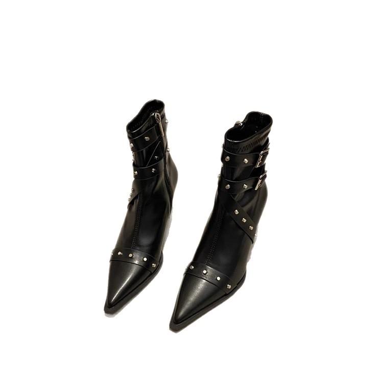 Vintage high-heeled babes pointed willow nails belt buckle knight boots 2025 autumn new versatile sexy thin short boots