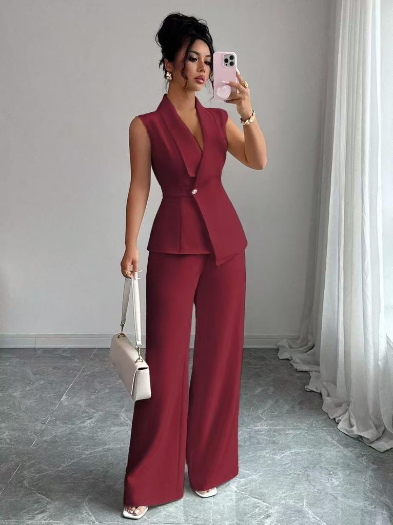 Womens Sleeveless V Neck Blouse Wide Leg Pants Set Solid Color Suit