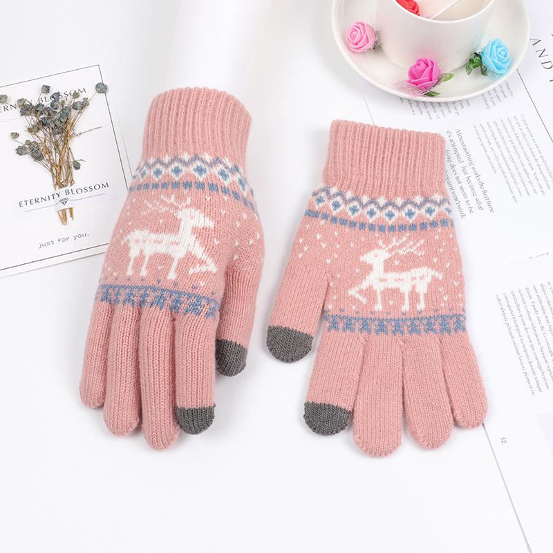 Korean Style Women's Warm Touch Screen Wool Gloves with Elk Print - Autumn/Winter Fashion, Christmas Couple Edition.
