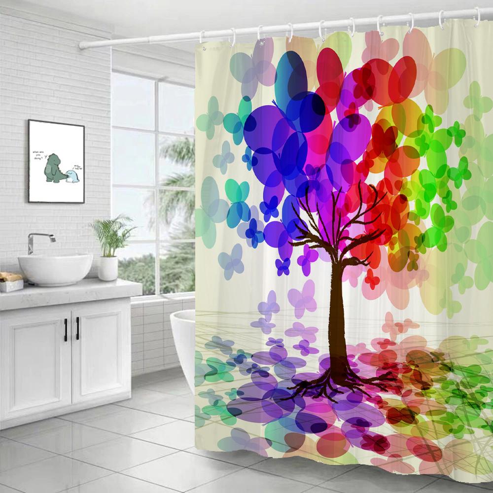 Art Butterfly Flowers Shower Curtain Floral Bath Curtain Polyester Fabric Waterproof Bathroom Curtains with Hooks Bath Screen