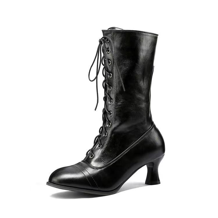 2026 European and American Style Autumn and Winter Lace Up Low Heeled Women's Mid Leg Round Toe Women's Single Boots