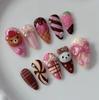 Handmade 3D Cute Rabbit Cat Pink Chocolate Dessert Cream Cartoon Almond Shaped Press On Nails Art Stickers