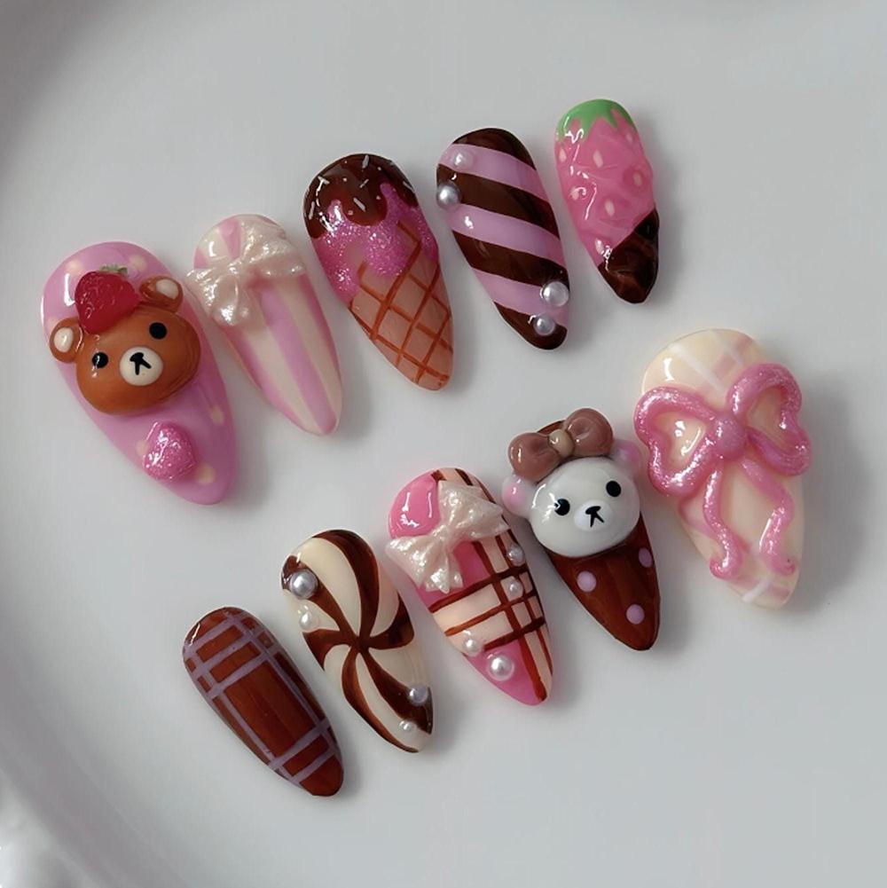 Handmade 3D Cute Rabbit Cat Pink Chocolate Dessert Cream Cartoon Almond Shaped Press On Nails Art Stickers