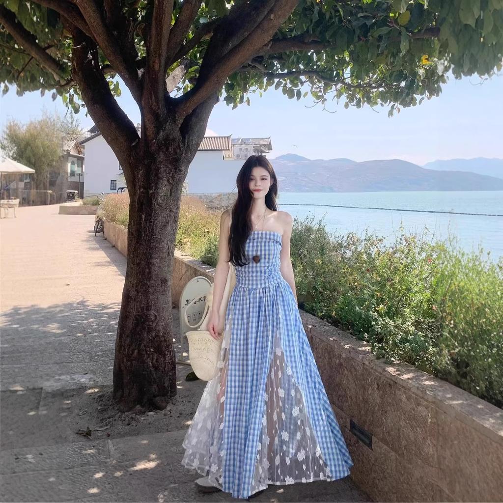 French Summer Plaid Retro Tube Top Dress Temperament New Waist Splicing Skirt Slim Long Skirt