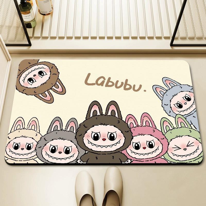 Alfombra de baño con estampado de Labubu de dibujos animados, felpudo antideslizante, alfombrilla de secado de cocina para dormitorio, alfombrilla de drenaje, alfombra de entrada, alfombra de dibujos animados para el hogar