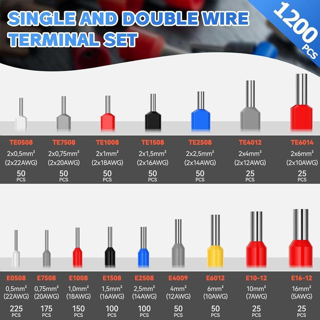 Pack of 1200 Insulated Sleeves Set Multicoloured Wire End Ferrules Assortment Wire End Ferrules Set 0.5 mm2-16 mm2