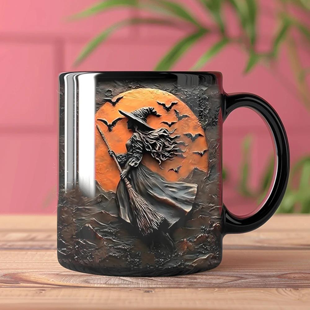 Керамическая кружка черного цвета с узором ведьмы на Хэллоуин 301-400ml
