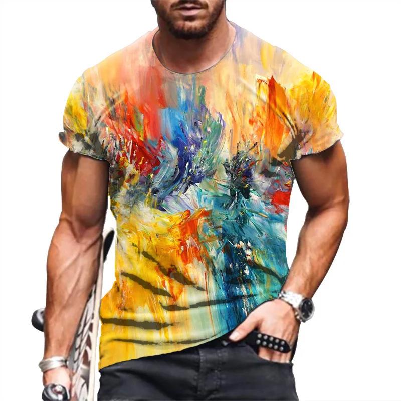 Vintage Men's T-shirt Personality Colorful Striped Print Fashion O Collar Short Sleeve T-shirt Breathable Street Wear T-shirt