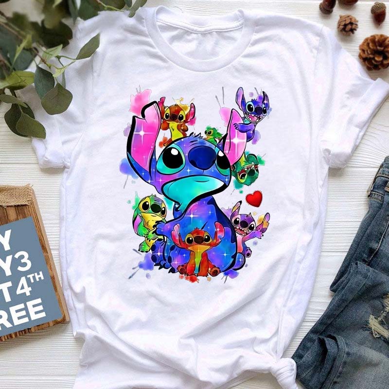 Disney Lilo Stitch Cute Cartoon Print Women T-Shirt Summer Streetwear Short Sleeve T Shirt Fashion Casual Female Clothes Tops