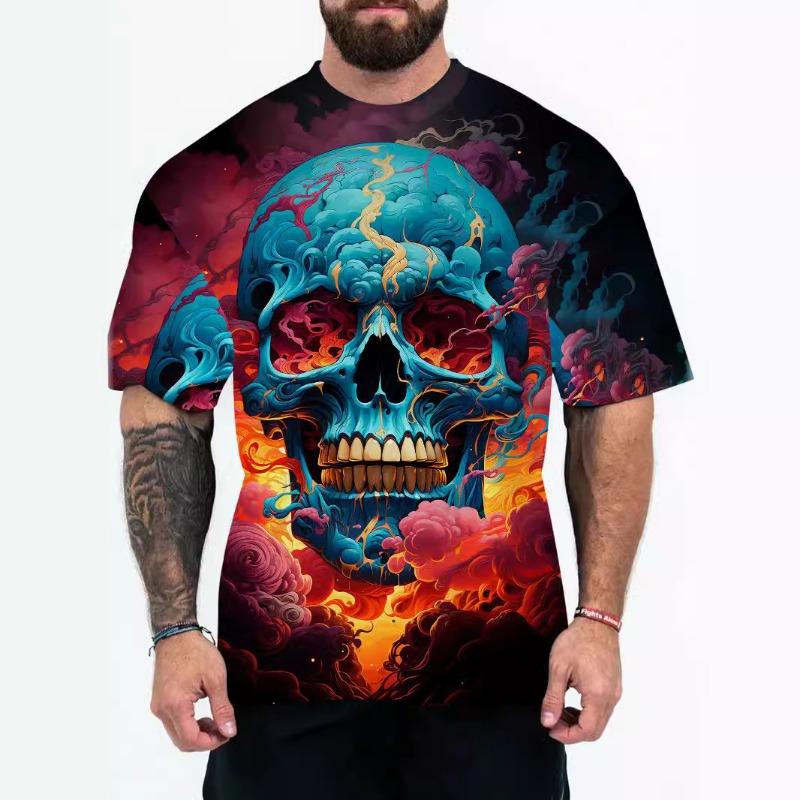 Loose 3D Digital Scary Skull Series Printed Summer Casual Round Neck Short Sleeve T-Shirts Men’s