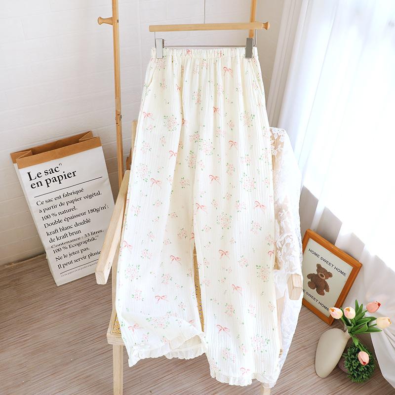 Spring and summer pajama pants women's pure cotton double-layer gauze loose pants floral thin lace can be worn outside home pants