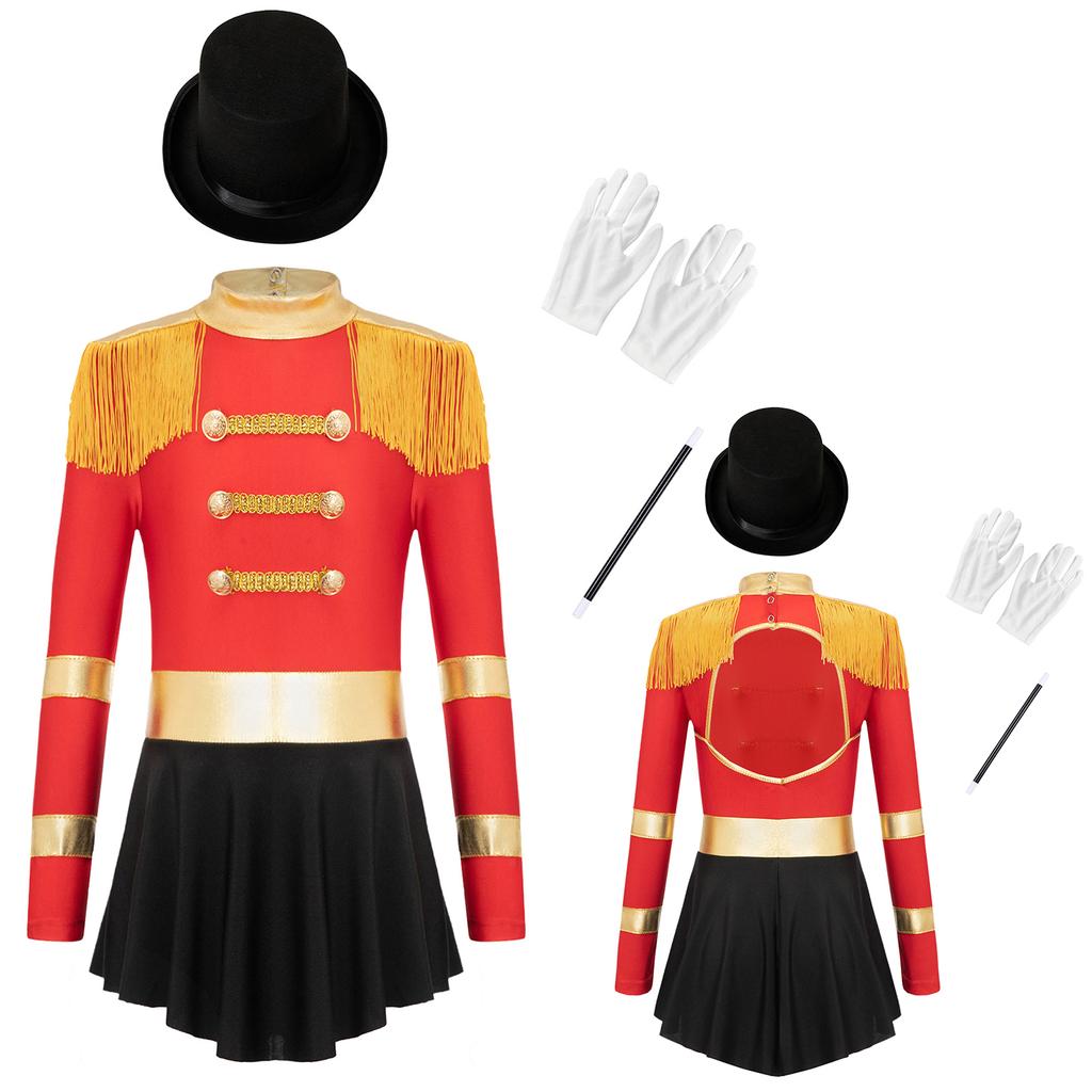 4Pcs Kids Girls Circus Magician Costume Complete Set: Long Sleeve Jumpsuit with Keyhole Back, Top Hat, Gloves & Wand for Halloween Show