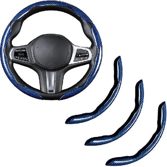 Carbon Fiber Steering Wheel Cover, Snap On Car Steering Wheel Cover Set Accessories 3Pcs Wrap Grip Non Slip Protector Universal Glossy Black