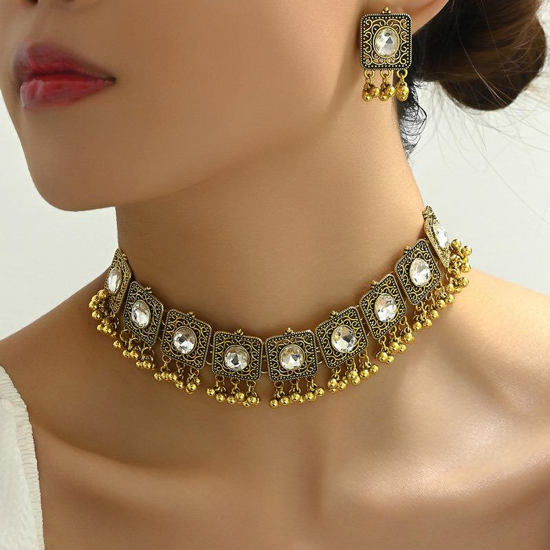 Seturi de bijuterii etnice vintage pătrate cu piatră de cristal pentru femei, colier, cercei, seturi Dubai africane, ținute, accesorii de petrecere