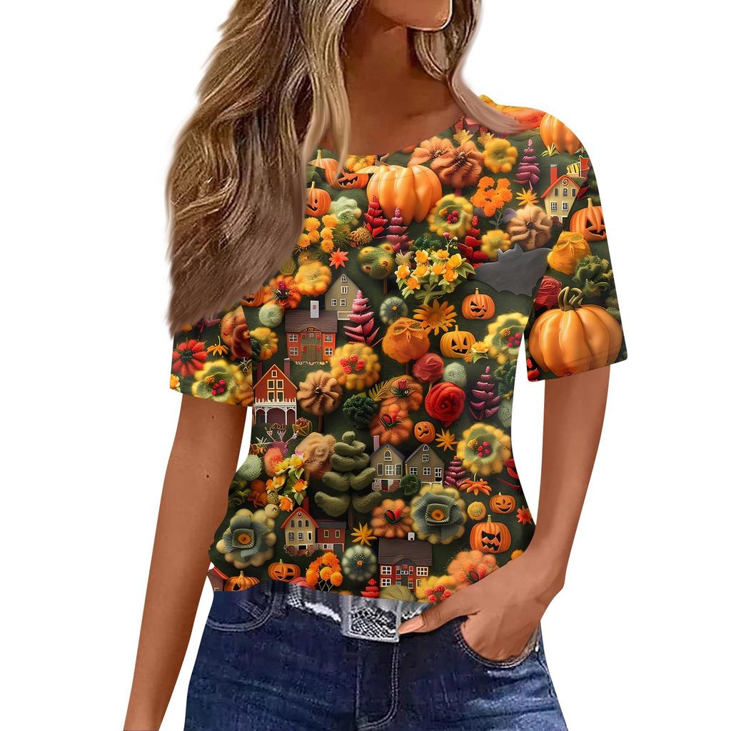 Women's Fashionable Casual Short Sleeve Halloween Print Round Neck Pullover Top