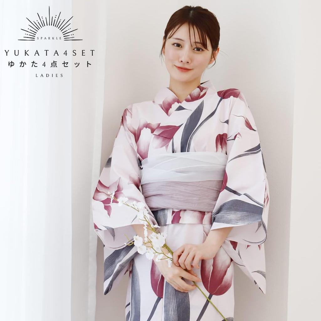 Kimono Hiroba Yu Yukata 9 Patterns Women's 4-Piece Set, (spk-2)