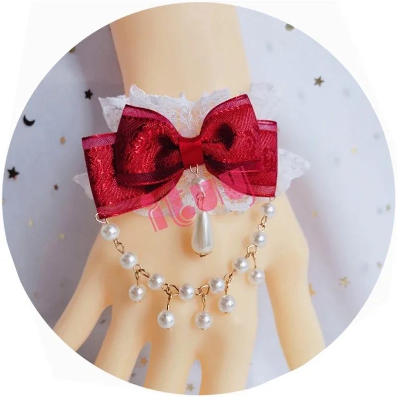 Japanese Kawaii Lolita KC Hand Sleeve Bracelet Red Bowknot Pearl Pendant Lace Hand Sleeve Girl Ornaments Bride Accessories