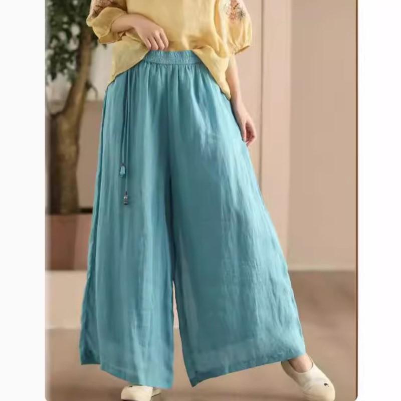 Johnature Damen Vintage Hose mit weitem Bein, einfarbig, Sommerhose mit elastischer Taille, lockere Freizeithose