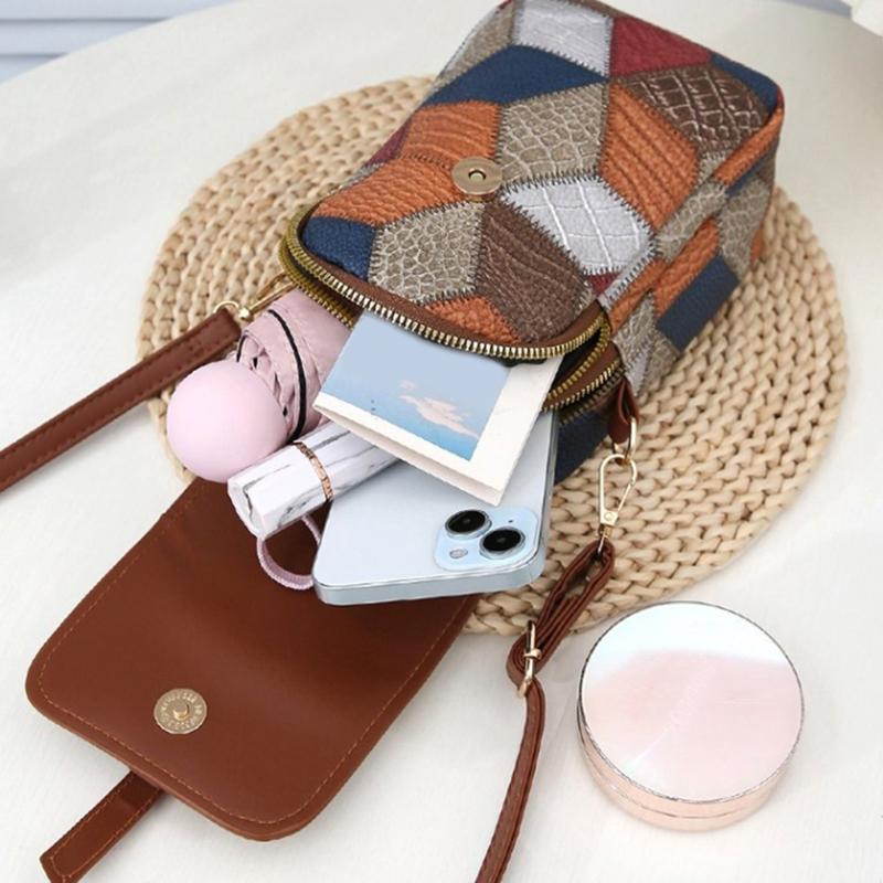 Retro Contrasting Color Women'S Bag Multi-Layer Practical Small Crossbody Bag Diamond Splicing Phone Bag Shoulder Bag