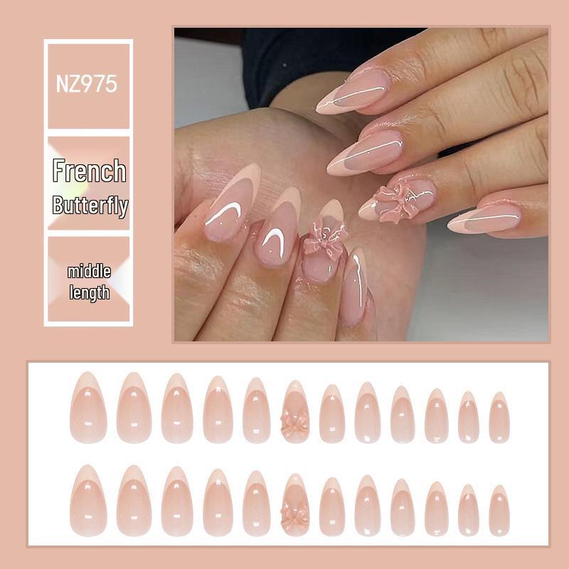 

3D Bow Wear-On Nails: 24 Sweet French Almond Medium-Long Nails