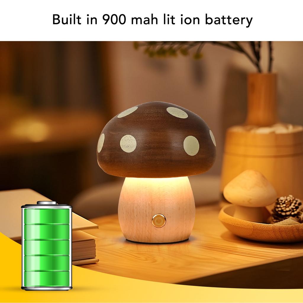 Mushroom LED Table Lamp Wooden Warm Light Stepless Dimming Rechargeable Bedside Nightstand Lamp for Bedroom Home Decoration