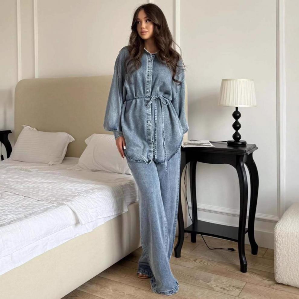 European American Fall/Winter 2025 Fashion: Loose Shirt, Tie, Coat, Denim Skirt Set for Women