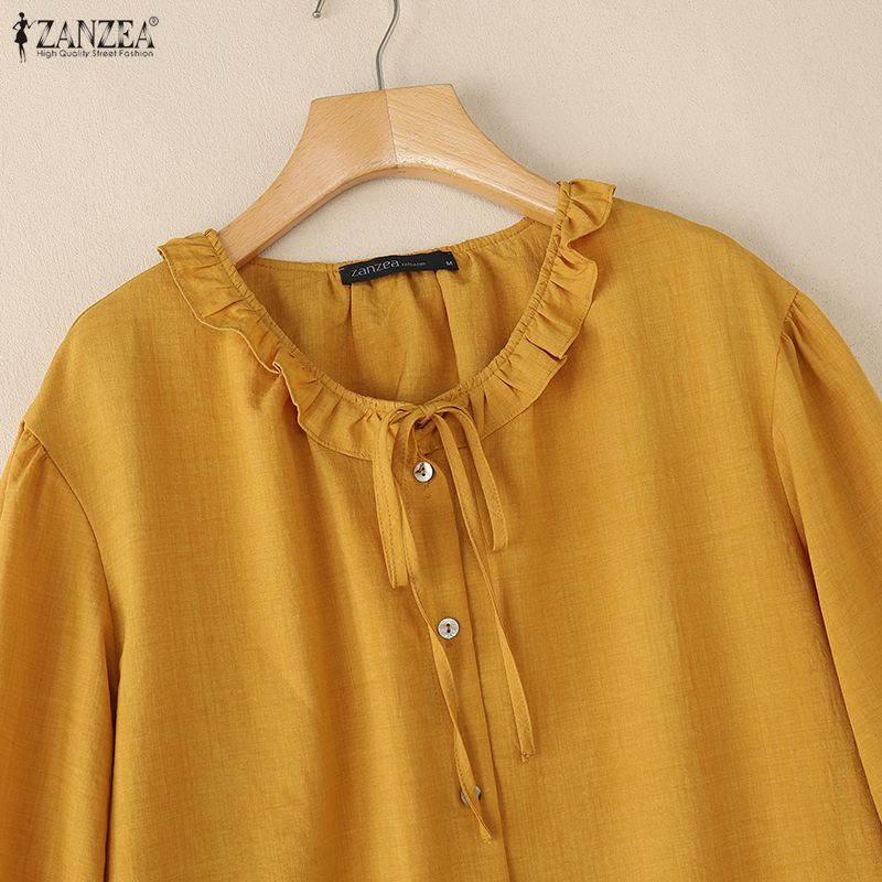 ZANZEA Women Casual Round Neck Loose 3/4 Sleeve Plain Blouse