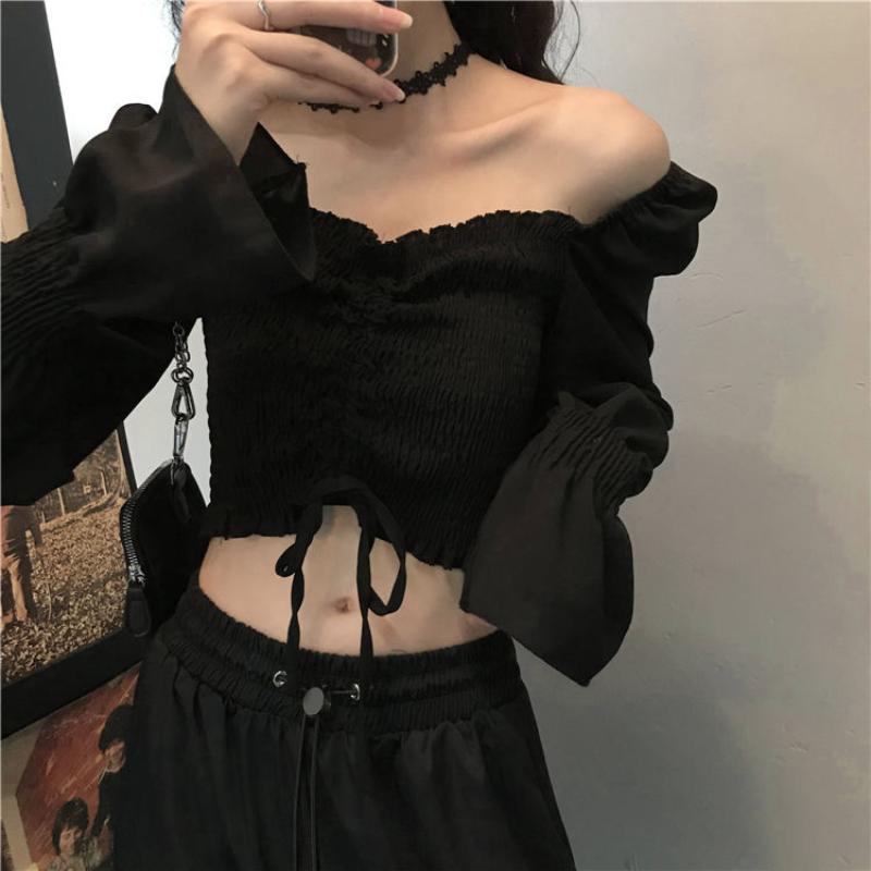 Black Sexy Drawstring Pleat Women Blouse Slash Neck Butterfly Sleeve Cropped Top Hotsweet Elastic Waist Summer Fashion Gothic