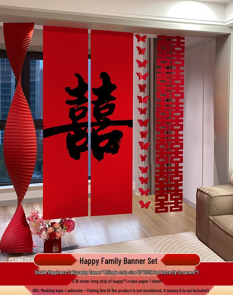 Double Happiness Wedding Room Cloth Banner Set for Ceremony and Hotel Décor