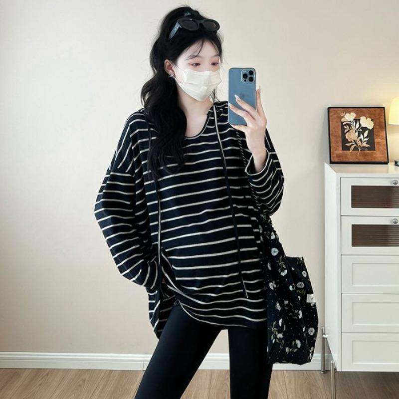 

Large size maternity hooded striped long-sleeved shirt women s spring and autumn 0kg loose and thin casual thin fat mm top tide M чёрный