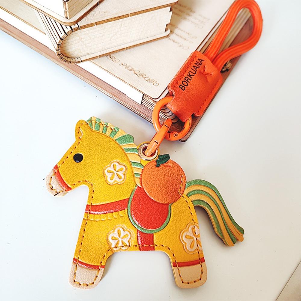 Leather Horse Keychain Access Control Card Holder Zodiac Pony Bag Hanging Year of The Horse