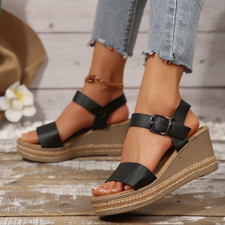 

Летние новые сандалии-клинья с пряжкой и открытым носком большого размера, женские сандалии на платформе в повседневном стиле 36 чёрный