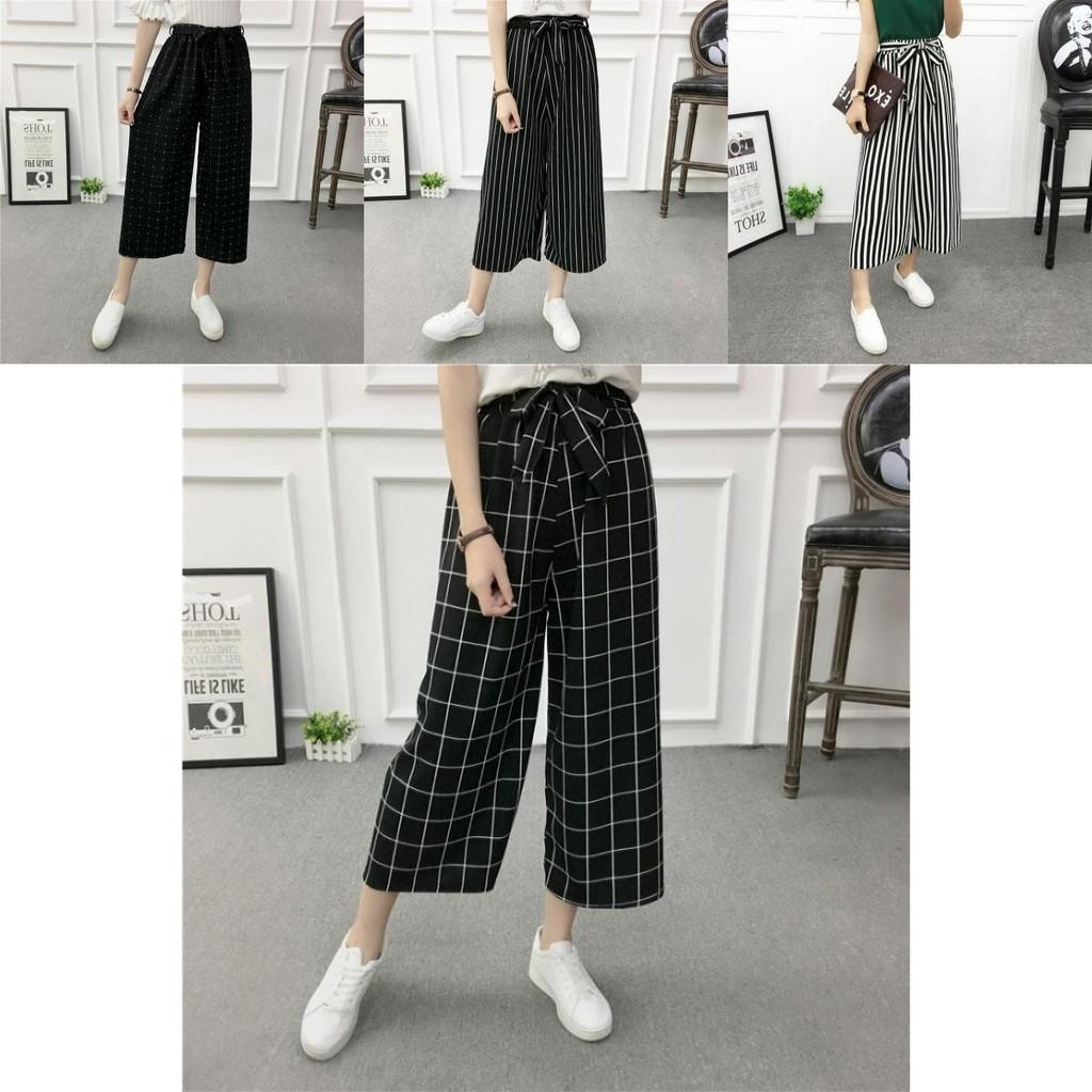 Women Wide Korean Leg High Waist Loose Baggy Casual Striped Crop Trousers Pants
