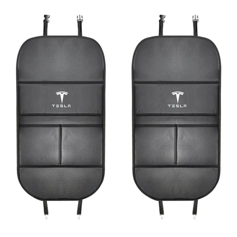 Car Sticker Tesla 2Pc Leather Car Seat Back Kick Pad Leather Protector Car Upholstery Auto Accessories For Tesla Model 3 Model Y
